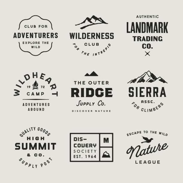 Mid-century Retro Adventure Badge Designs Carefully-made custom vectors, inspired by mid-century badge and patch designs. hiking sign stock illustrations