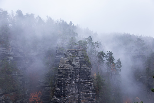 Silhouette of mountain rock on a foggy autumn day in Bohemian Switzerland National Park, Czech Republic, Czechia.