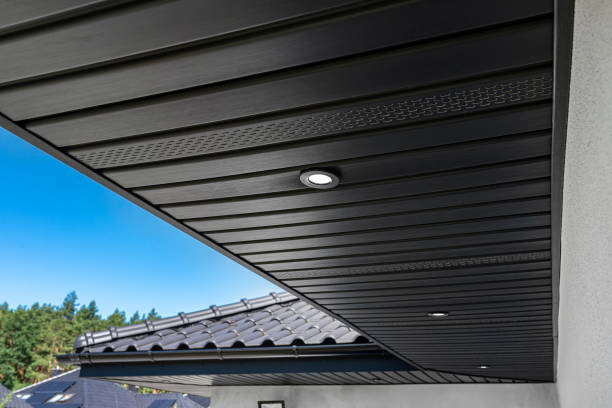 istock A modern graphite roof lining is attached to the trusses, visible turned on LED lights. 1425264939