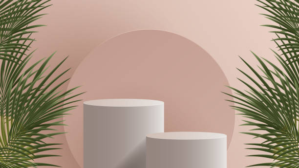 istock Brown podium display minimal background product display scene of abstract light and leaf for cosmetic, branding and packaging presentation. studio stage with shadow of leaf background. vector design 1425265885