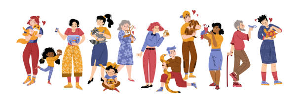 People with pets, characters with home animals set People with pets, male and female characters spend time with their home animals hedgehog, raccoon, hamster and snake, fish, rabbit, parrot, turtle, lizard and parrot Line art flat vector illustration pet snake stock illustrations