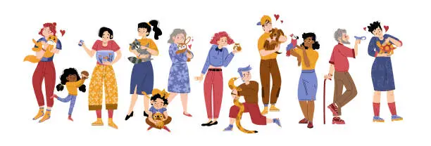 Vector illustration of People with pets, characters with home animals set