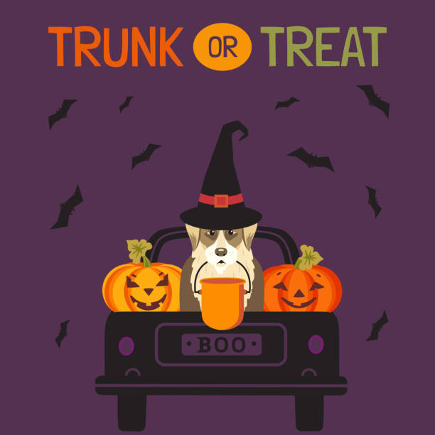 illustrations, cliparts, dessins animés et icônes de tronc ou treat halloween fun spooky truck vecteur - dog wallpaper humor retro revival