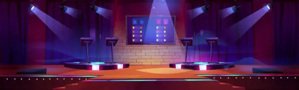 Vector illustration of Quiz game stage interior with stands, spotlights