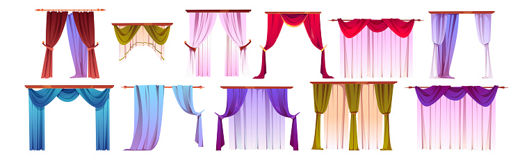 Curtains set, windows interior decoration, home textile various design. Indoor hanging drape types lambrequin, tulle, portiere textile for kitchen and living room decor, Cartoon vector illustration