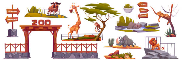 ilustrações de stock, clip art, desenhos animados e ícones de zoo landscape elements cartoon vector set isolated - zoo sign entrance the