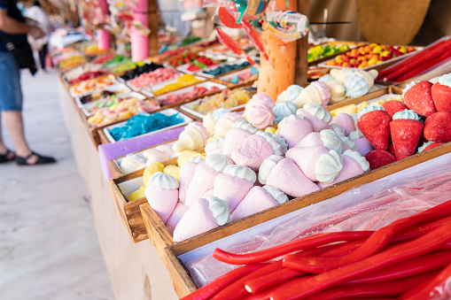 Assorted colourful gummy candies in the shop. Traditional market