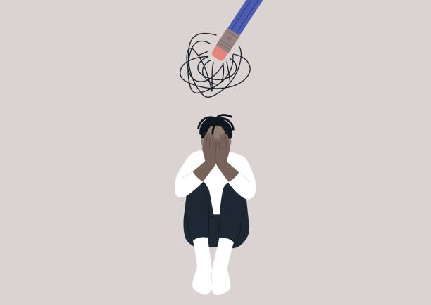 stockillustraties, clipart, cartoons en iconen met a young upset male african character hugging their knees, a pencil eraser erasing a scribble hovering above them, the process of recovering after a great loss - opluchting