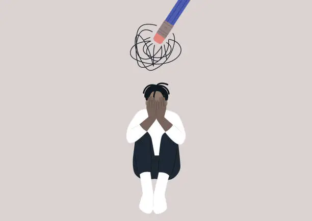 Vector illustration of A young upset male African character hugging their knees, a pencil eraser erasing a scribble hovering above them, the process of recovering after a great loss