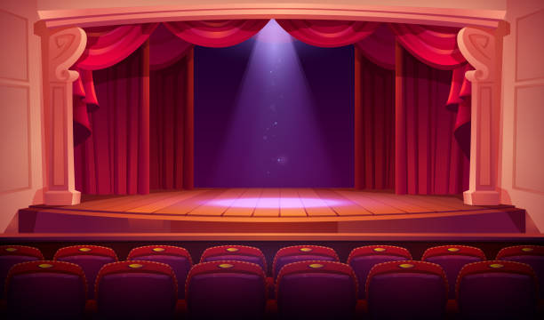 ilustraciones, imágenes clip art, dibujos animados e iconos de stock de teatro escenario vacío con cortinas rojas, focos - stage theater theatrical performance curtain seat