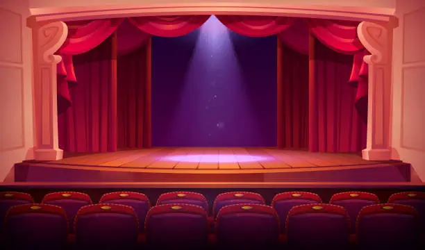 Vector illustration of Theater empty stage with red curtains, spotlights