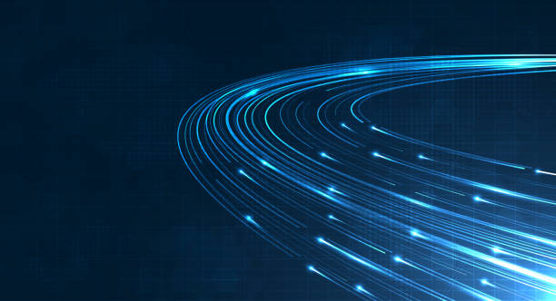 ブルーライトストリーク、光ファイバー、スピードライン、5gまたは6gテクノロジーのワイヤレスデータ伝送のための未来的な背景、抽象的な高速インターネット。インターネットネットワー - fiber optic computer network communication blue点のイラスト素材／クリップアート素材／マンガ素材／アイコン素材