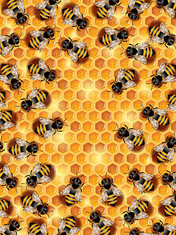 Vector illustration representing buzzing swarm of working bees crawling on a honeycomb
