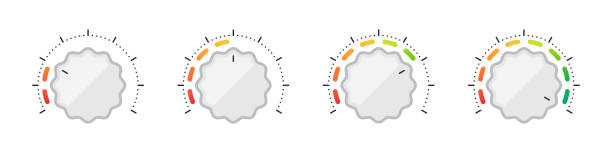 ilustraciones, imágenes clip art, dibujos animados e iconos de stock de regulador de perilla. indicador de satisfacción. medición del rendimiento de la satisfacción del cliente. ilustración vectorial - knob volume push button control