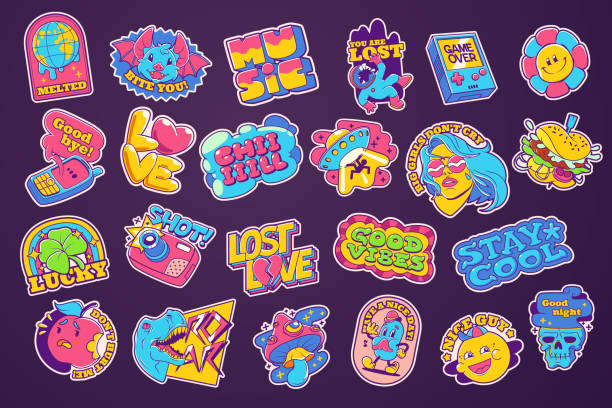 Trendy retro stickers and badges acid collection Trendy retro stickers and badges ufo, clover, flower, mushroom, heart, camera, dinosaur, astronaut and girl. Contemporary comic patches or badges hamburger, globe, bat, skull, apple Cartoon vector set kid stickers stock illustrations