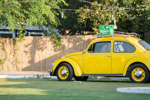 Antalya,Manavgat-Türkey September 4,2022 Volkswagen beetle car parking in back yard