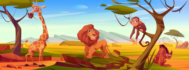kreskówkowe afrykańskie zwierzęta na sawannie, dzikie zwierzęta - cartoon monkey animal tree stock illustrations