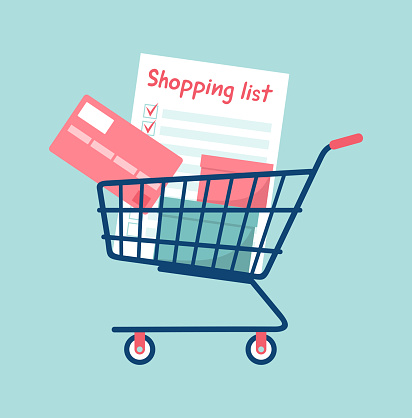 Shopping list, credit card and boxes in a supermarket shopping cart on a turquoise background. Flat vector illustration