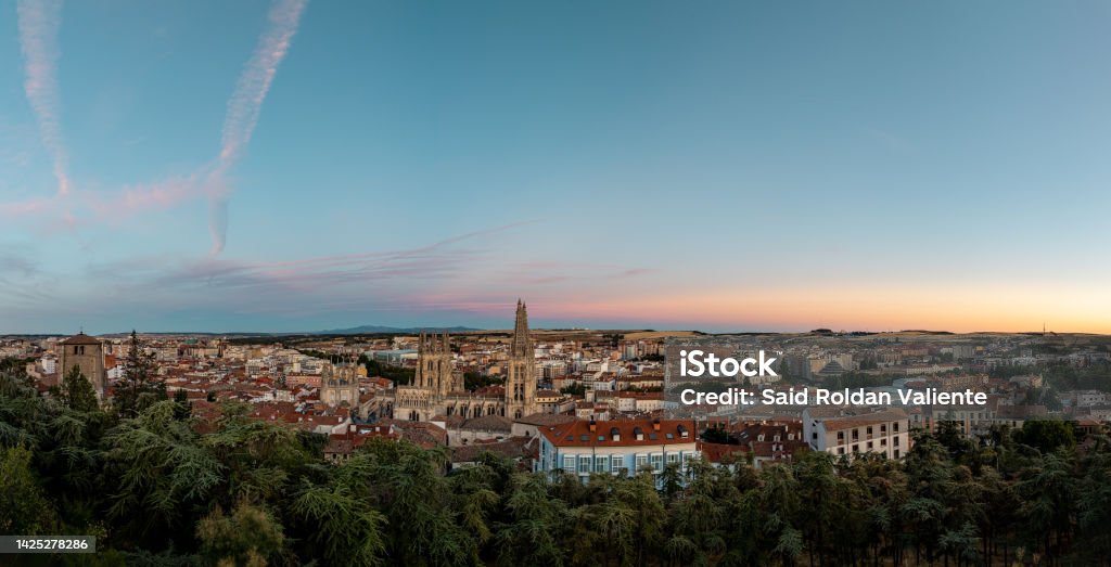 Panoramic view of the city of Burgos in Spain, with the cathedral in the center. Ancient Stock Photo