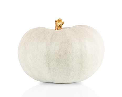 Gray pumpkin on white background, front view, close-up. Thanksgiving, Halloween, autumn harvest.