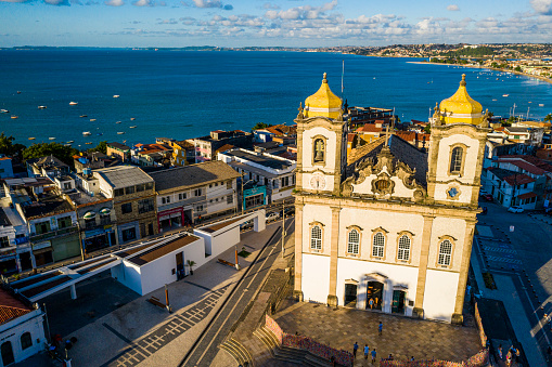 Aerial view of Nosso Senhor do Bonfim Church at sunset light in Salvador