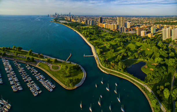 istock Chicago,IL Aerial at Montrose Harbor and Sid Marovitz Public Golf Couse 1425281415