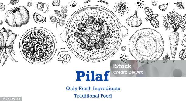 Pilaf Pattern Pilaf Cooking And Ingredients For Pilaf Sketch Illustration Middle ...