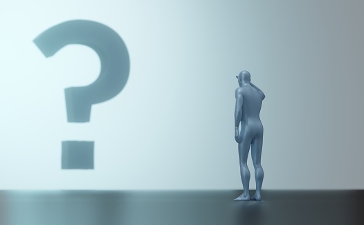 A 3D character stands in an empty space and thinks. A question marks visible in the background