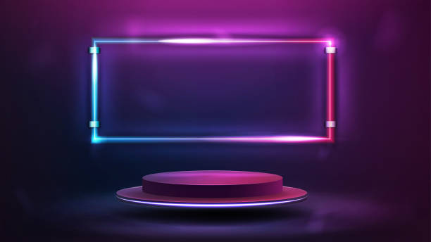 istock Purple abstract scene with empty podium with neon pink and blue frame on background 1425290655