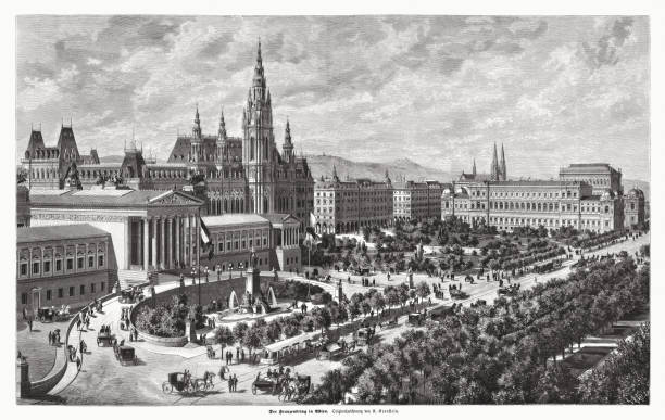 Franzensring (Dr.-Karl-Renner-Ring), Vienna, Austria, wood engraving, published in 1885 Historical view of the Franzensring (Dr.-Karl-Renner-Ring) in Vienna, Austria. Left to right: Parliament, Town Hall, Univerity. In the foreground the Volksgarten. Wood engraving after drawing by August Stefan Kronstein (Austrian painter, 1850 - 1921), published in 1885. burgtheater vienna stock illustrations