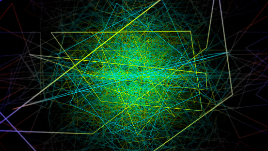 3d abstract neon data background. Colored glowing energy lines, spheres and pulses on an empty black background. Wallpaper, technology, visual, composition, web, internet data concept.