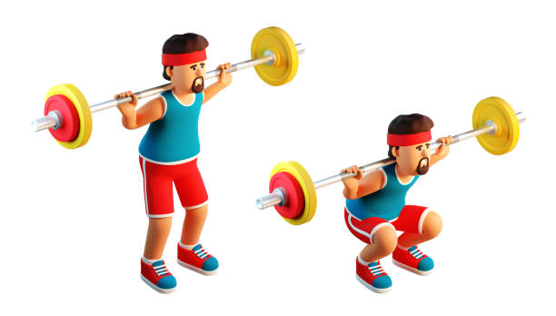 3d cartoon athlete barbell back squat. 3d render.