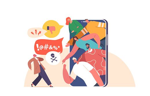 Cyber Bullying Social Problem. Cyberbullying Attack, Bully Network Abuse and Harassment Concept. Haters on Smartphone Screen Yell over Internet on Female Character. Cartoon People Vector Illustration