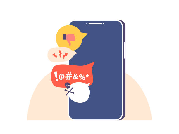 điện thoại thông minh có tin nhắn bắt nạt trên màn hình. nhạo báng, bắt nạt trên mạng, xâm lược trong truyền thông xã hội, bắt nạt trên mạng, mạng - bắt nạt trên mạng hình minh họa sẵn có