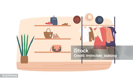istock Store Interior with Apparel on Hangers, Shoes and Accessories on Shelves. Garment Shop, Fashioned Boutique 1425294046