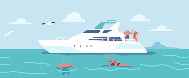 Characters Traveling on Luxury Yacht at Sea on Summertime, Man and Woman Swimming in People , Man Drinking Cocktails vector art illustration