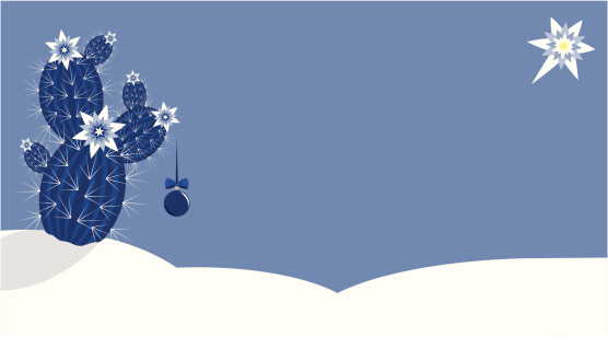 Blooming cactus with a christmas ball in a snowy desert, under the Bethlehem star, with copy space