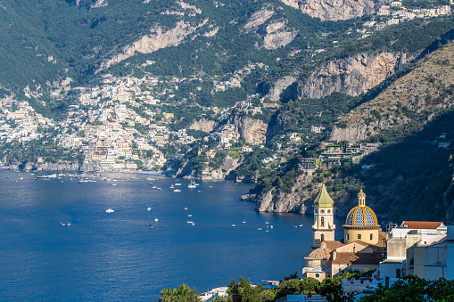 Church of San Gennaro (Saint Januarius), Praiano on the Amalfi coast, Italy and Positano on background