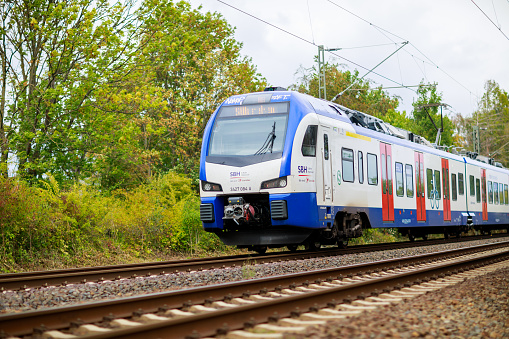 Hannover/Germany - September 17, 2022: Train from SBH, Transdev (S-Bahn Hannover) drives on railroad track in Hannover.