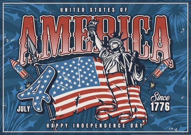 America independence day vintage poster colorful wishes happy July 4th celebration with national flag and statue of liberty vector illustration