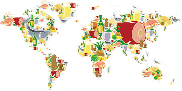 World map with food and drinks vector art illustration
