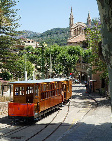 Vintage Tram and Cathedral Soller Station Mallorca Spain.