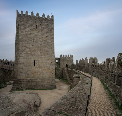 Guimaraes, Portugal - Feb 9, 2020: Castle of Guimaraes Keep Tower - Guimaraes, Portugal