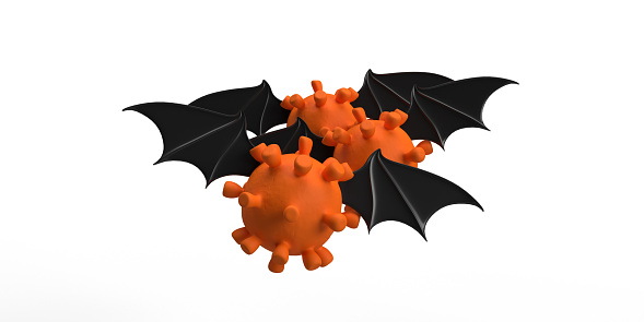 Halloween 3D Concept: Three spooky orange bacterium objects flying on white background with black bat wings, copy space. Template poster for product display or as blank podium. Seasonal shopping card, web banner, sale, discount illustration.