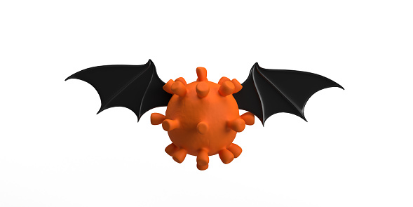 Halloween 3D Concept: One spooky orange bacterium flying on white background with black bat wings, copy space. Template poster for product display or as blank podium. Seasonal shopping card, web banner, sale, discount illustration.