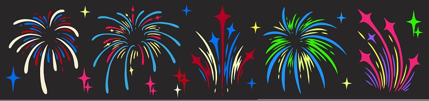 Firework set stickers vintage colorful festive minimalistic salute launched in honor of end of concert or entertainment festival vector illustration