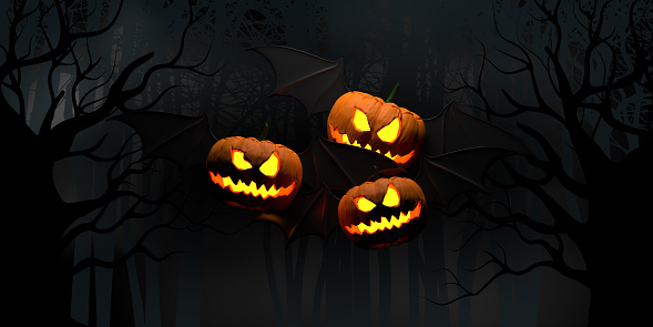 Halloween 3D Concept: Three spooky smiling orange pumpkins flying on dark forest background with black bat wings, copy space. Trendy and funny poster illustration template for party invitation, gift card, seasonal shopping, web banner or sale.
