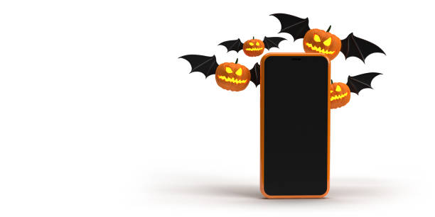 istock Scary bat pumpkin flying behind smart phone clipping path 1425306404
