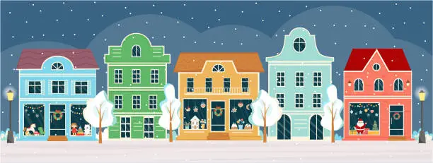 Vector illustration of Street with shops and houses at winter night on Christmas eve.
