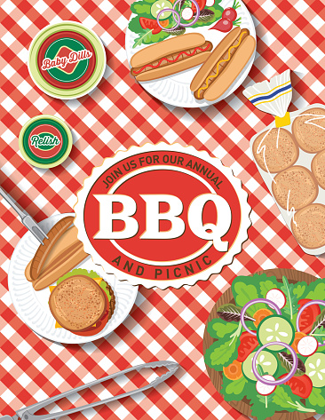 BBQ invitation template on a checked tablecloth. Text is on its own layer for easier removal.